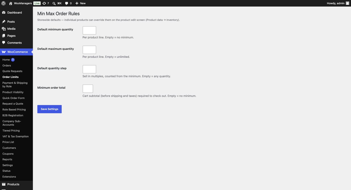 Storewide defaults: quantities, step and minimum order total.