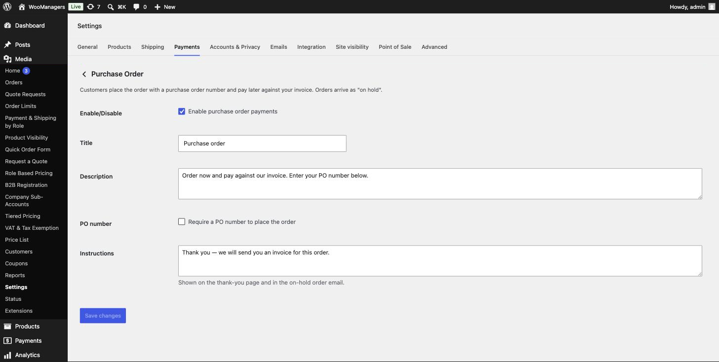 Gateway settings: title, required PO number and instructions.