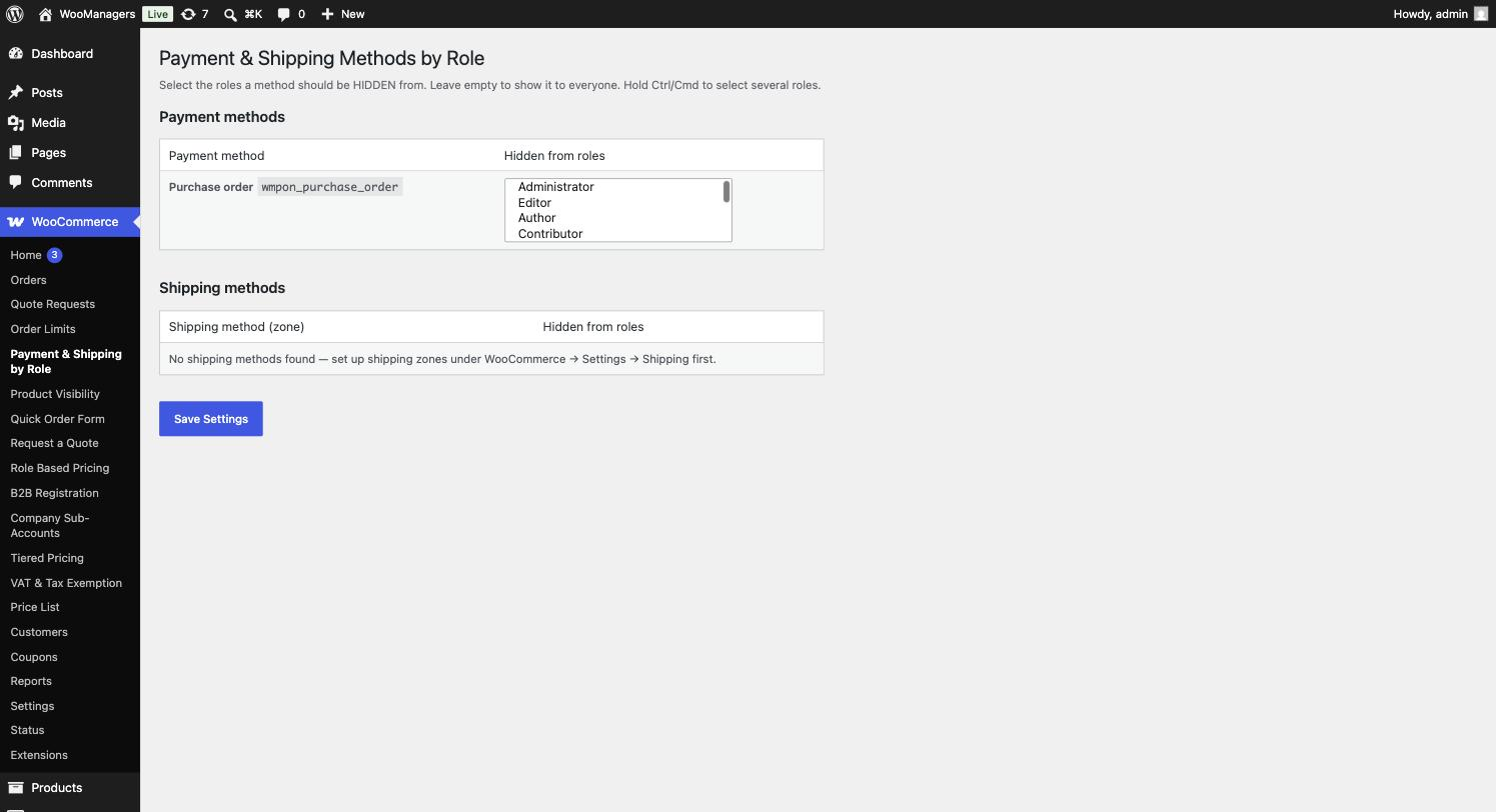 The role matrix for payment gateways and shipping methods.