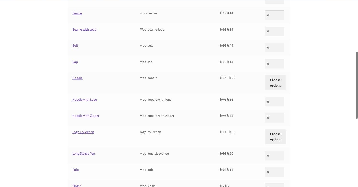 The one-page order form with prices and quantity inputs.