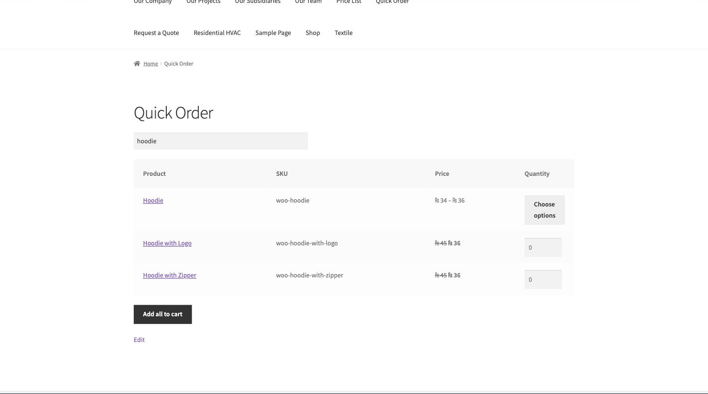 Live search filtering by name or SKU.