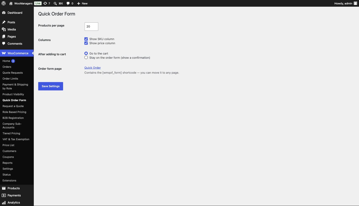 Settings: products per page, columns and landing behaviour.