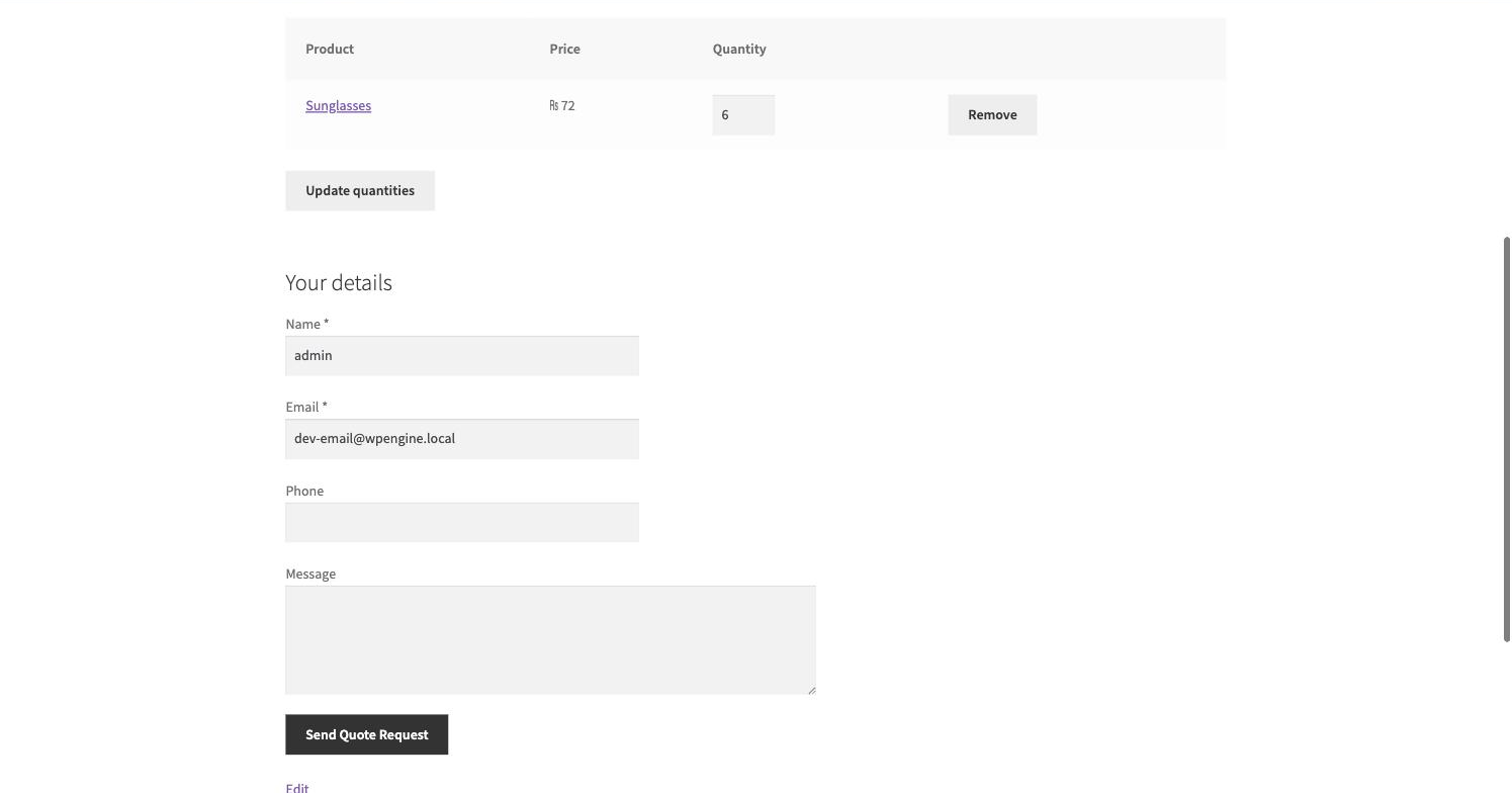 The quote basket — separate from the cart — with the request form.