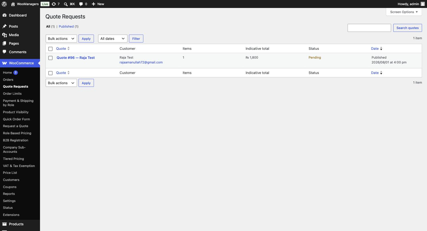 Quote requests in the dashboard with status.