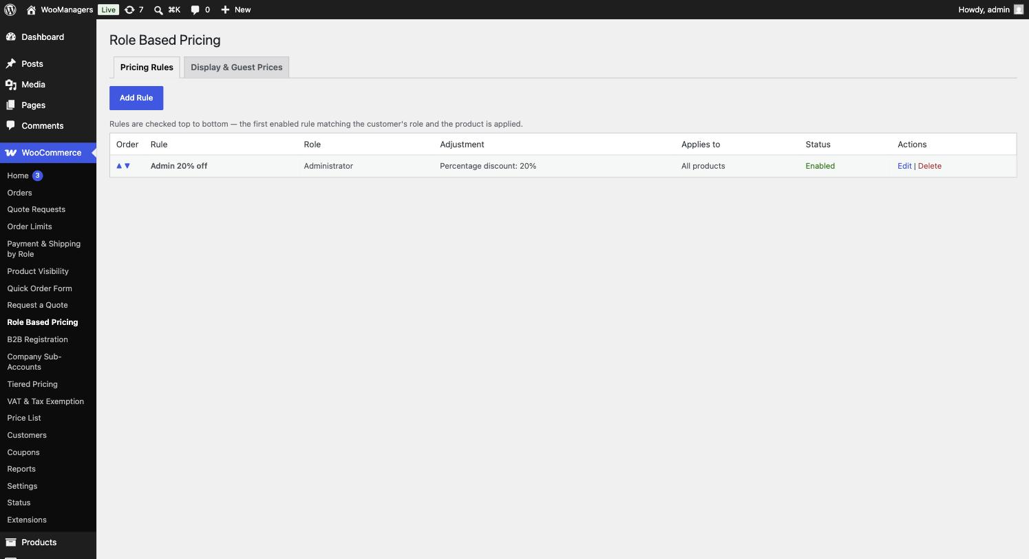 The pricing rules screen: role, adjustment, targeting and priority.