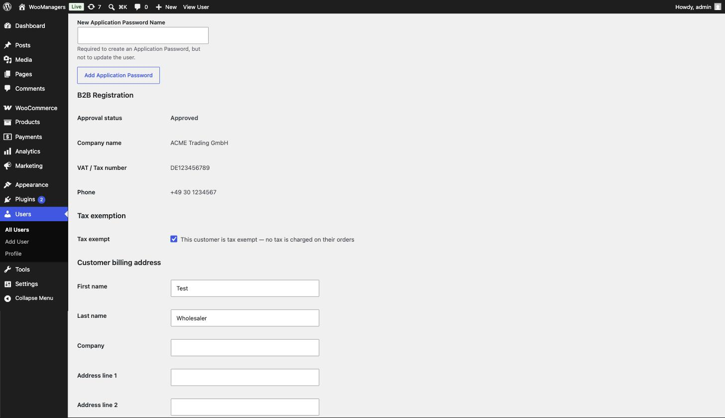 B2B data on the user profile.