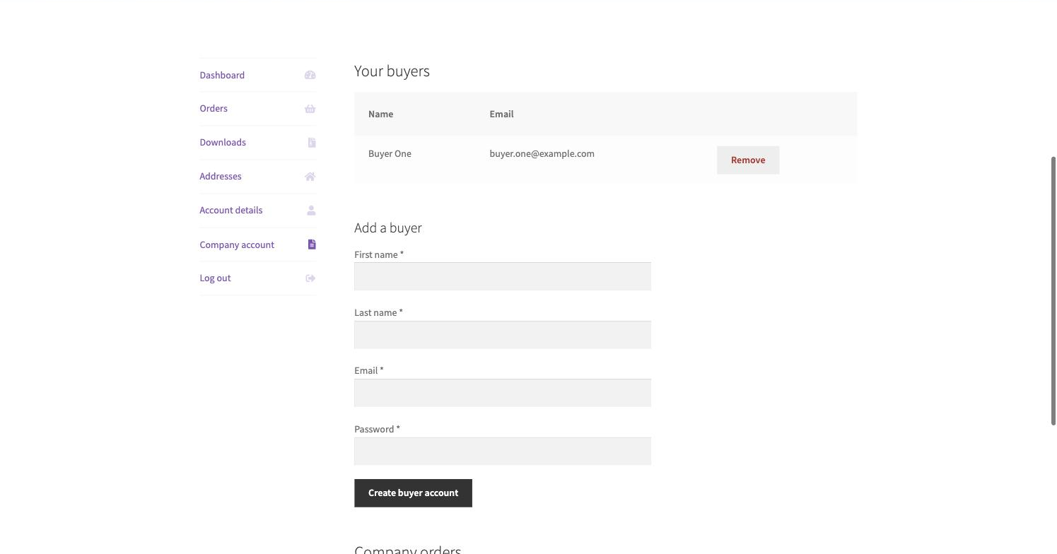 The Company account area: buyers, add form, combined orders.