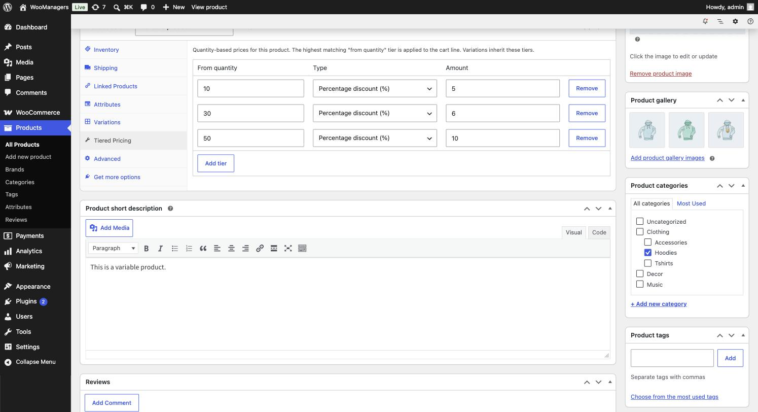 Tier rows on the product edit screen.