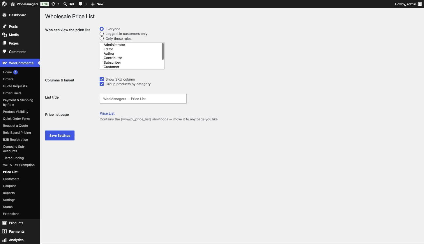 Settings: access control, columns, grouping and title.